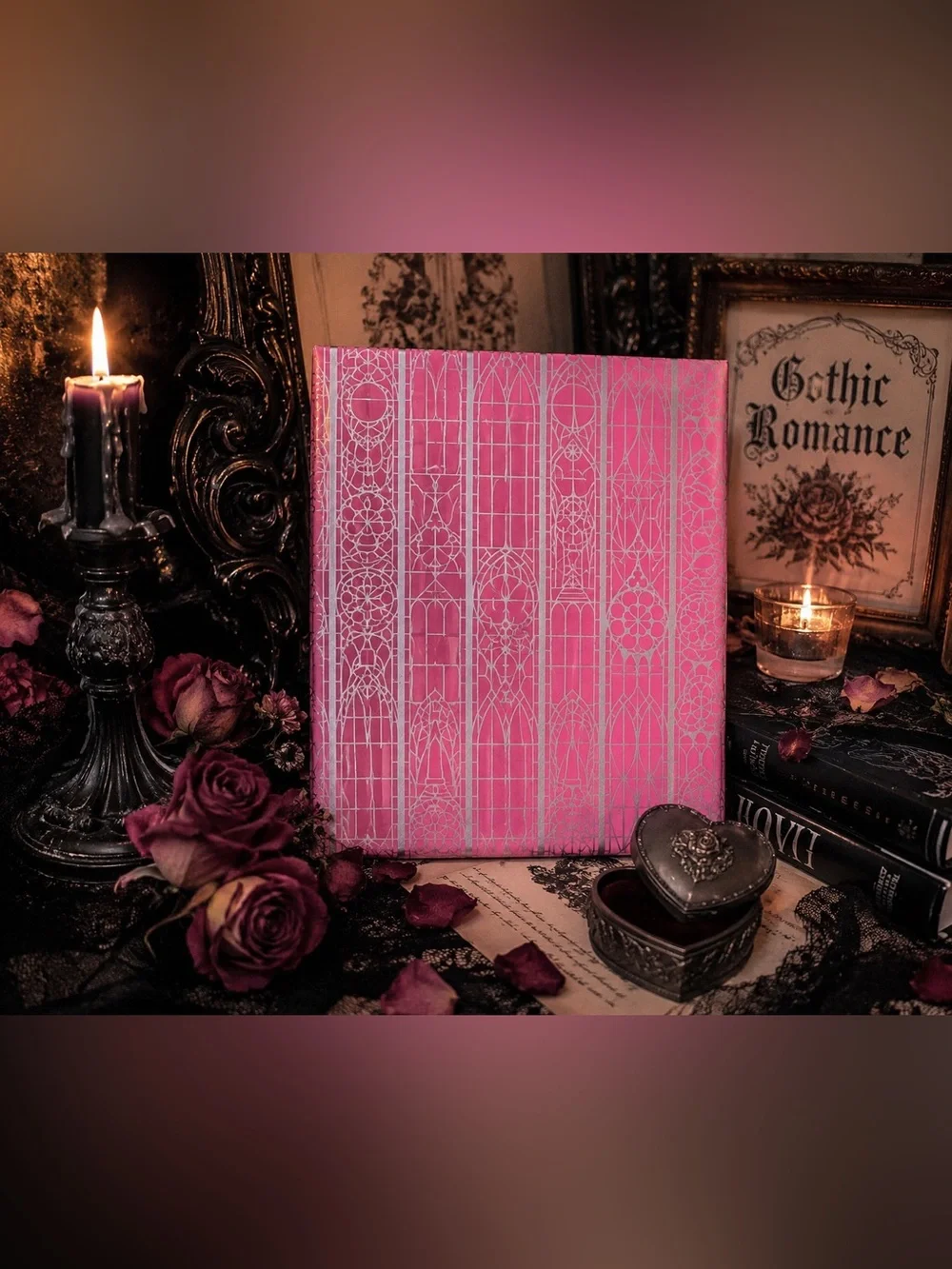 Vtg Wedding Gift Wrap Dennison Pink Silver Cathedral 2 Sheets 70s Mod Ephemera